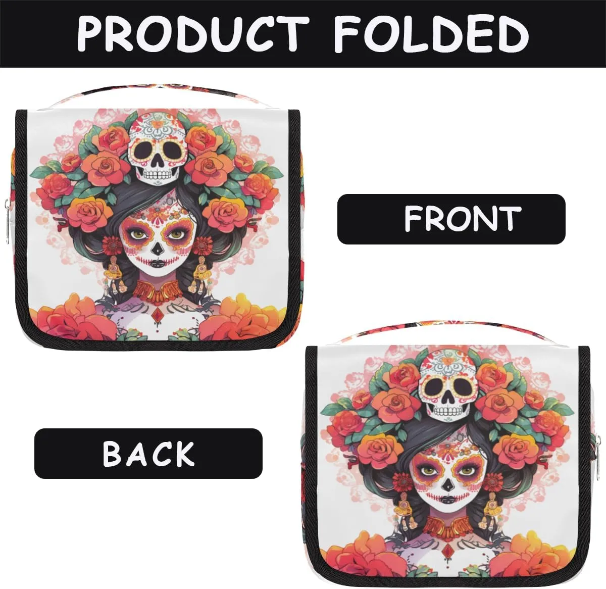 Mexican Sugar Skull Travel Toiletry Bag with Hanging Hook, Waterproof Toiletries Bag for Women, Portable Makeup Organizer for Makeup Brushes Digital Accessories, Hanging Cosmetics Bag for Bathroom