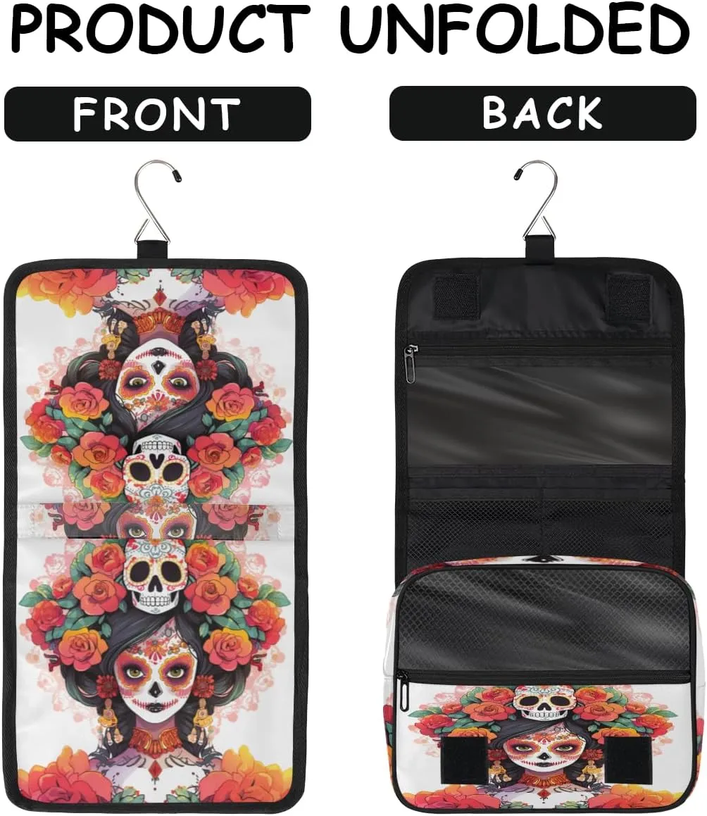 Mexican Sugar Skull Travel Toiletry Bag with Hanging Hook, Waterproof Toiletries Bag for Women, Portable Makeup Organizer for Makeup Brushes Digital Accessories, Hanging Cosmetics Bag for Bathroom