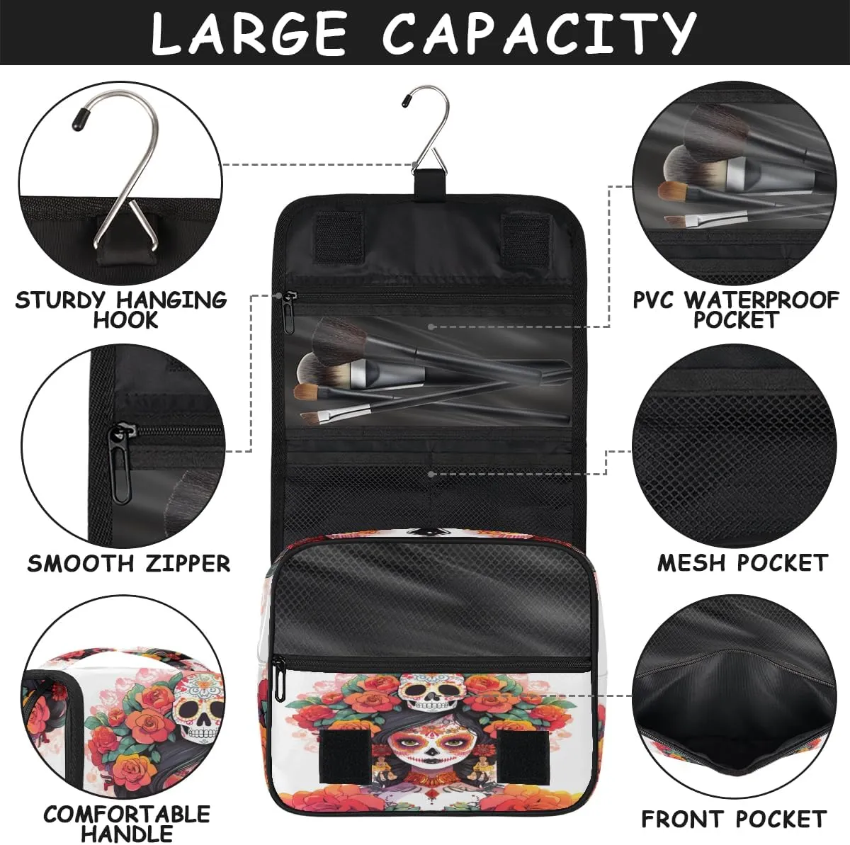 Mexican Sugar Skull Travel Toiletry Bag with Hanging Hook, Waterproof Toiletries Bag for Women, Portable Makeup Organizer for Makeup Brushes Digital Accessories, Hanging Cosmetics Bag for Bathroom