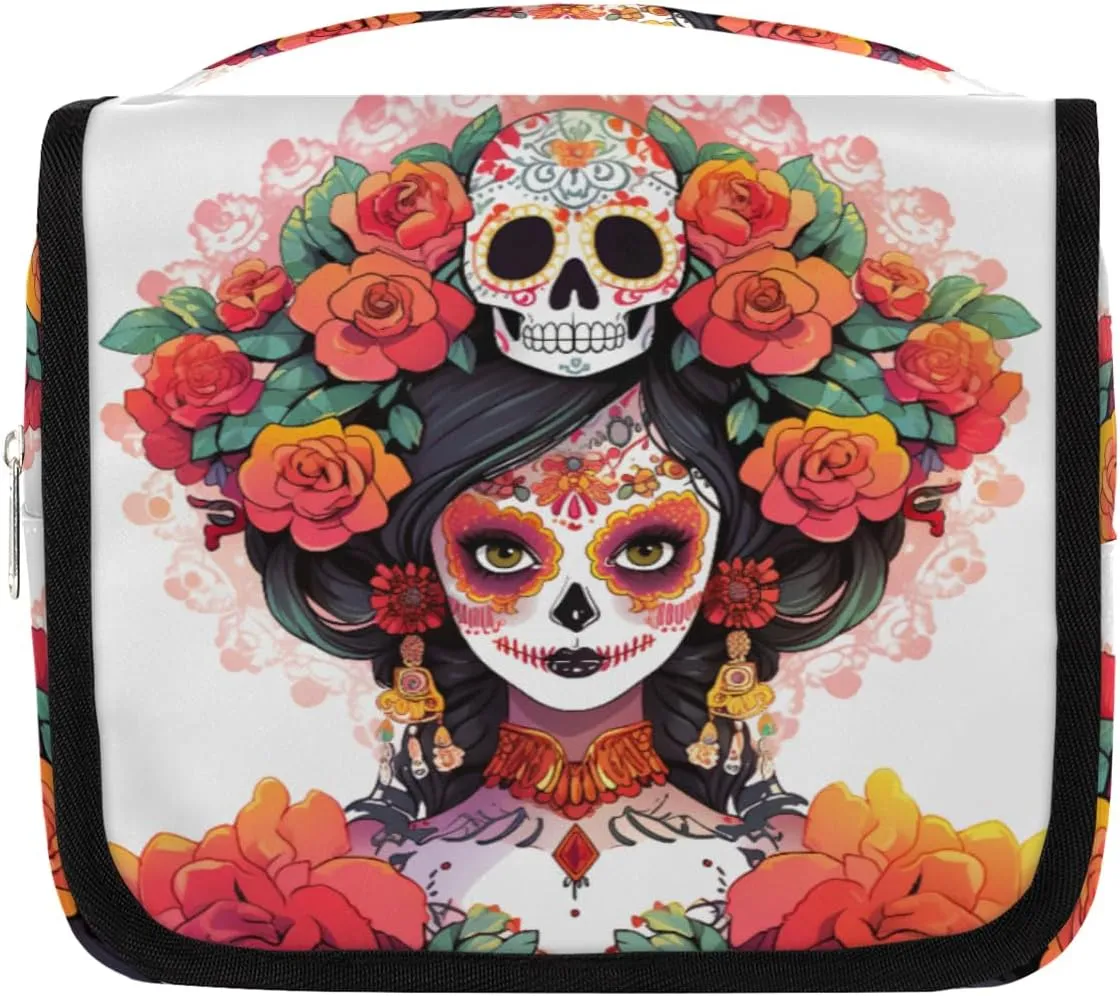 Mexican Sugar Skull Travel Toiletry Bag with Hanging Hook, Waterproof Toiletries Bag for Women, Portable Makeup Organizer for Makeup Brushes Digital Accessories, Hanging Cosmetics Bag for Bathroom