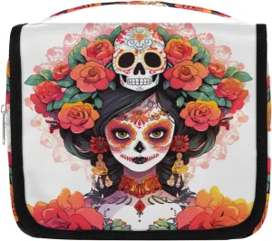 Mexican Sugar Skull Travel Toiletry Bag with Hanging Hook, Waterproof Toiletries Bag for Women, Portable Makeup Organizer for Makeup Brushes Digital Accessories, Hanging Cosmetics Bag for Bathroom