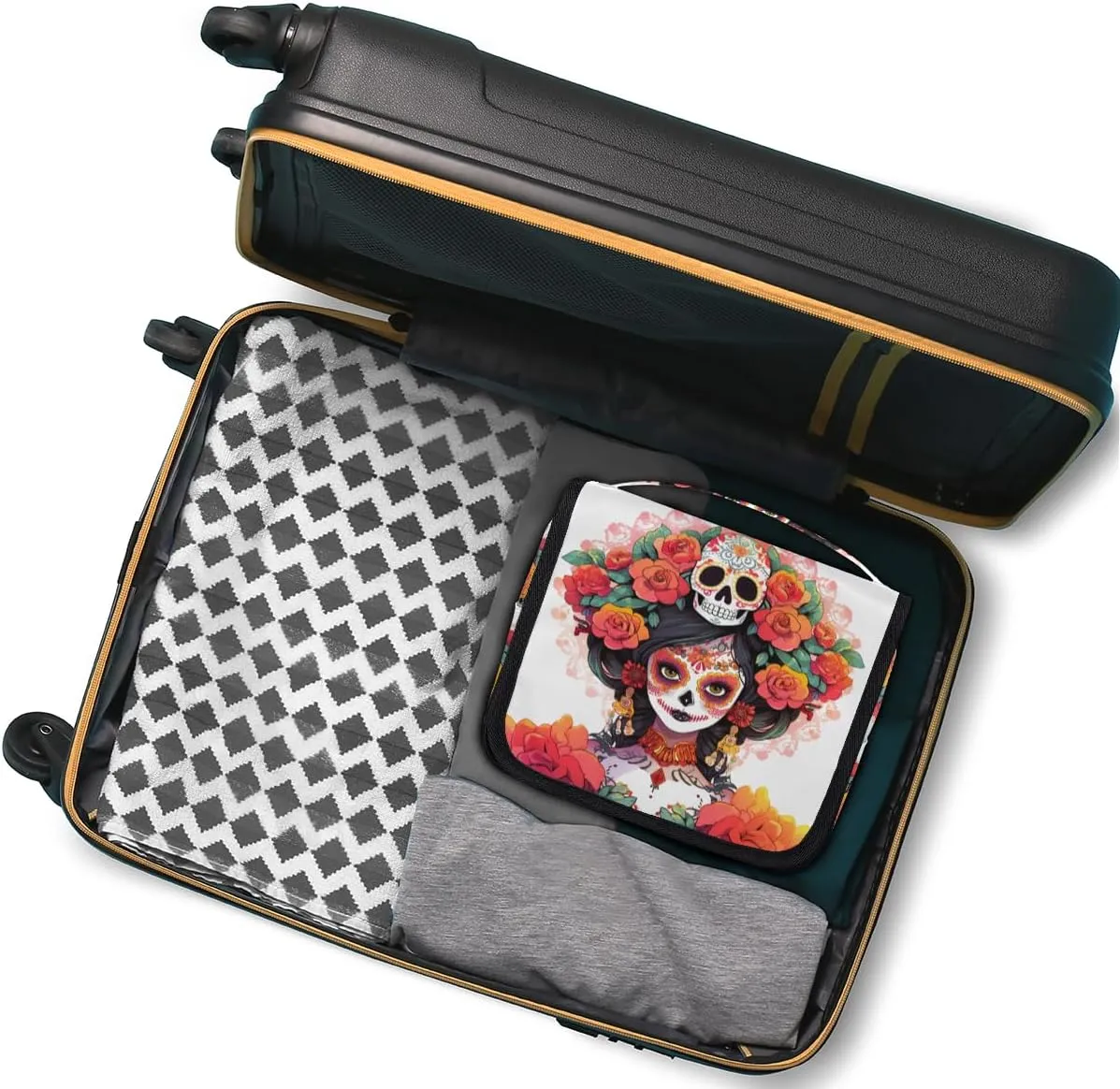 Mexican Sugar Skull Travel Toiletry Bag with Hanging Hook, Waterproof Toiletries Bag for Women, Portable Makeup Organizer for Makeup Brushes Digital Accessories, Hanging Cosmetics Bag for Bathroom