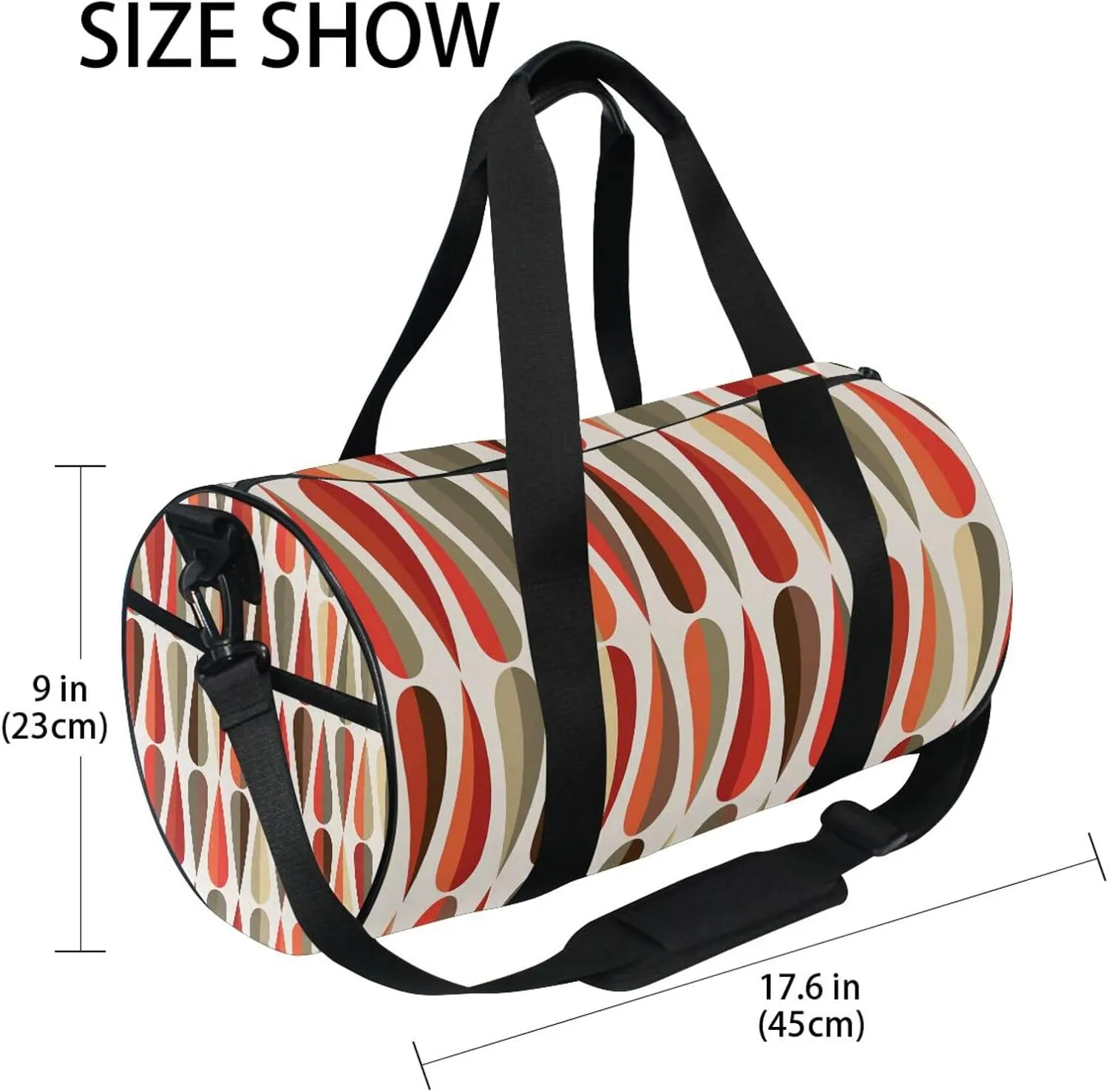 Mid-century Modern style Retro Drop Shapes Seamless Portable Gym Bag, Travel Bag, Luggage bag, Sports Bag, Toiletry Bag with Handles, Detachable Shoulder Strap 17.6 x 9 x 9 inch
