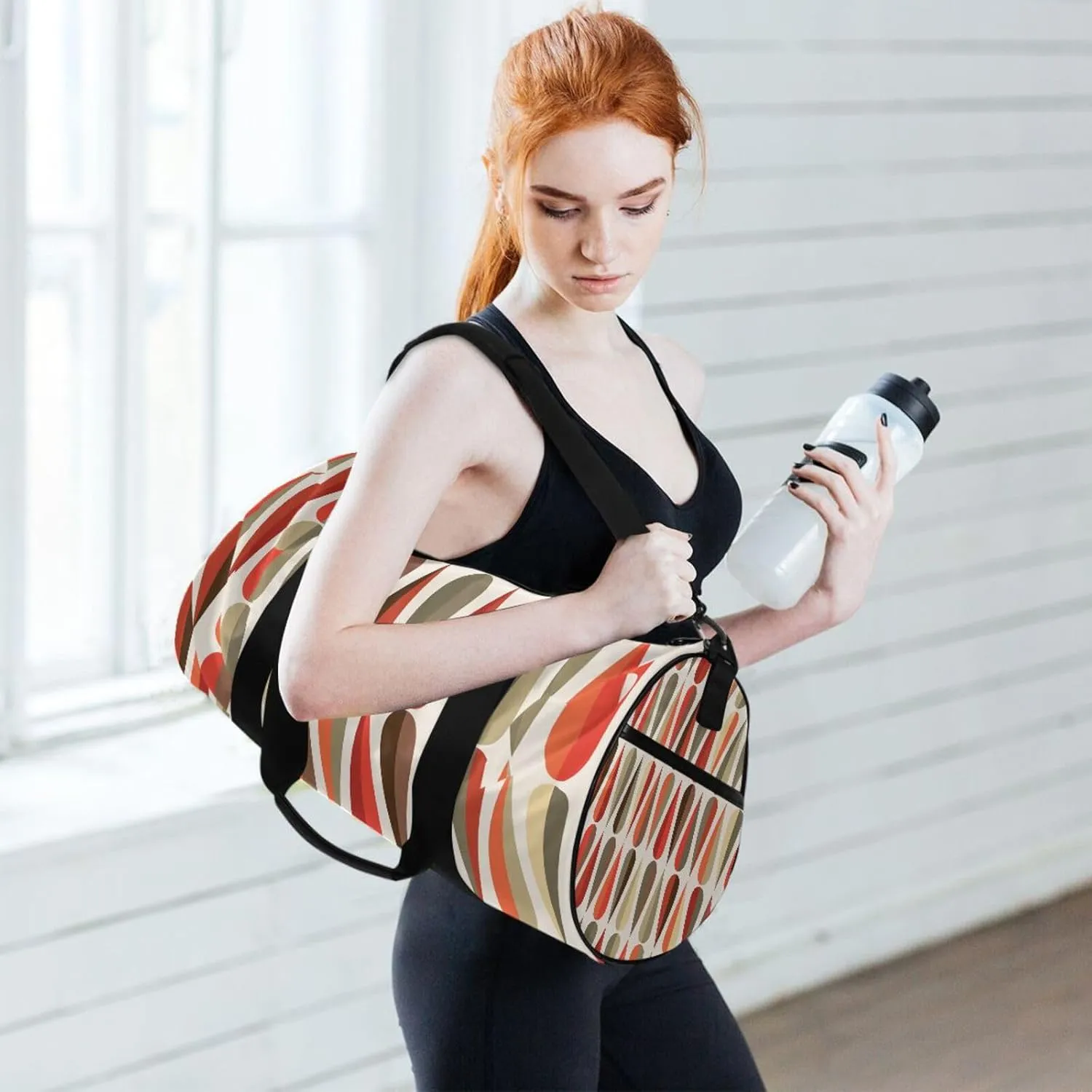 Mid-century Modern style Retro Drop Shapes Seamless Portable Gym Bag, Travel Bag, Luggage bag, Sports Bag, Toiletry Bag with Handles, Detachable Shoulder Strap 17.6 x 9 x 9 inch