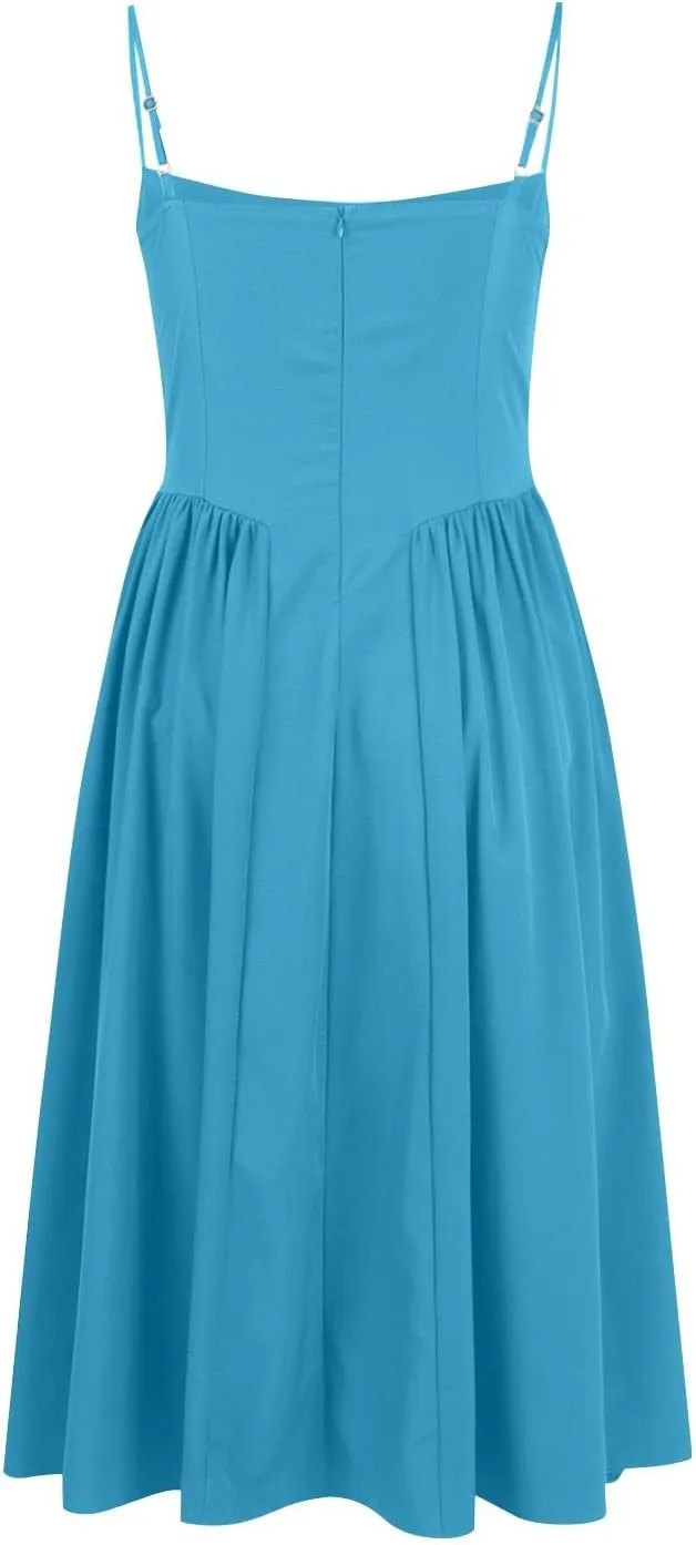 midelxp Womens Corset Dress Elegant Spaghetti Strap Bustier Midi Dress Low Cut Flowy Pleated Hem Formal Dresses with Pockets