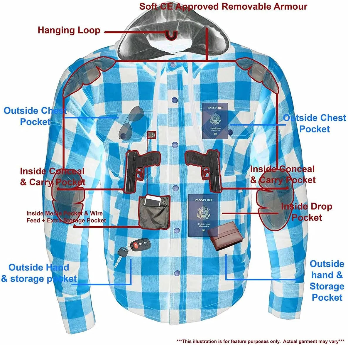 Milwaukee Leather Men's Hooded Flannel Motorcycle Shirt w/CE Approved Armor - Reinforced w/Aramid Fibers - 2X-Large