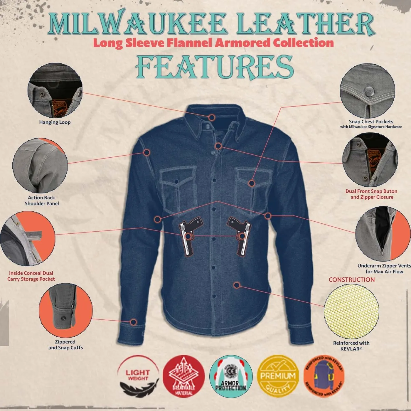 Milwaukee Leather Men's Long Sleeve Solid Biker Shirts w/CE Armor - Reinforced w/Aramid Fibers