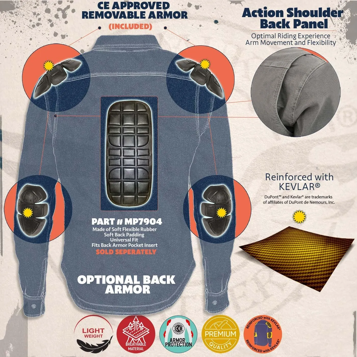 Milwaukee Leather Men's Long Sleeve Solid Biker Shirts w/CE Armor - Reinforced w/Aramid Fibers