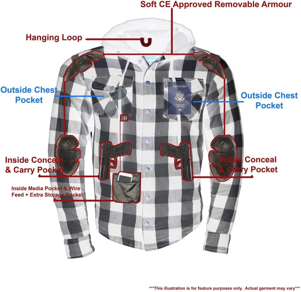 Milwaukee Leather MPM1629 Men's Plaid Hooded Flannel Biker Shirt with CE Approved Armor - Reinforced w/Aramid Fibers