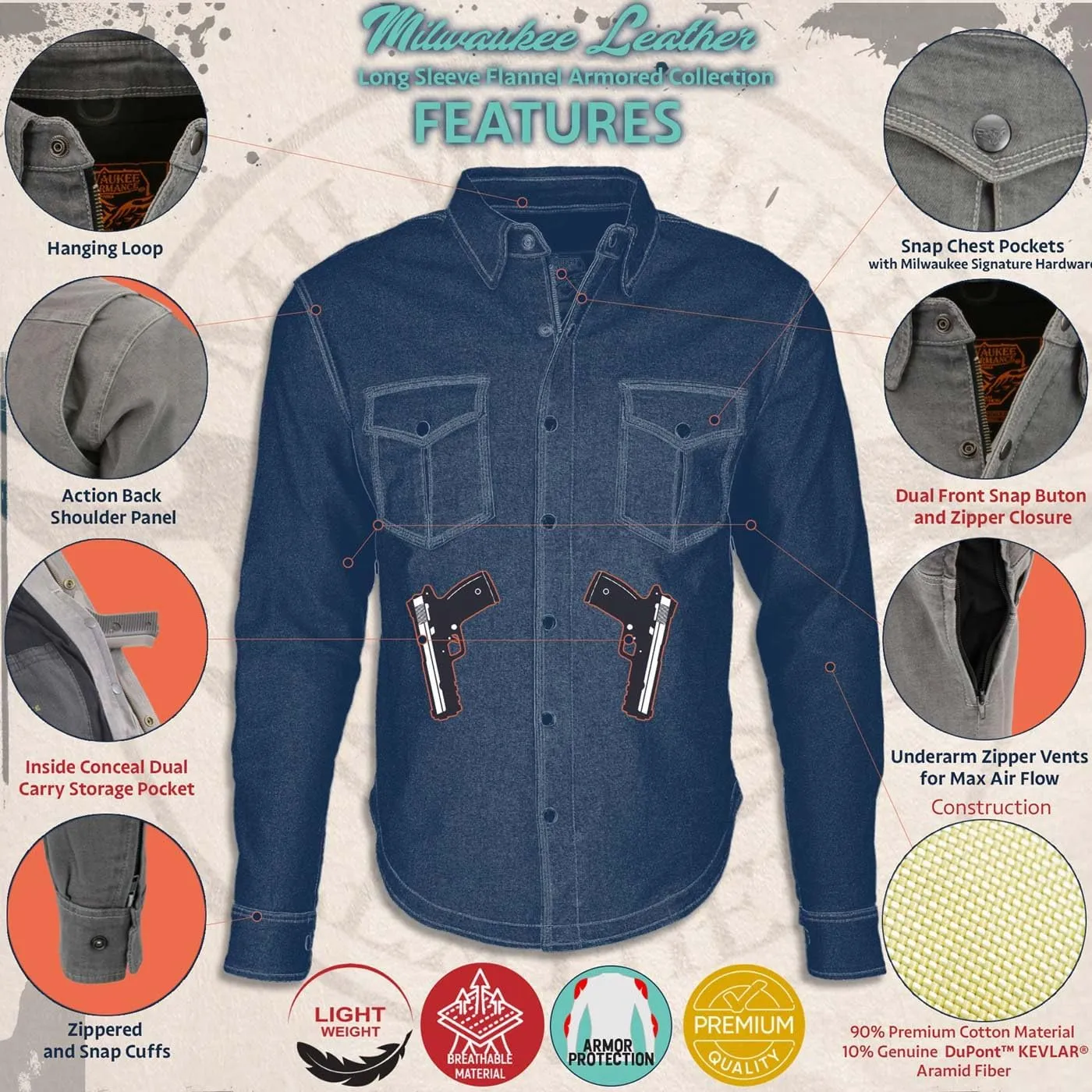Milwaukee Leather MPM1629 Men's Plaid Hooded Flannel Biker Shirt with CE Approved Armor - Reinforced w/Aramid Fibers