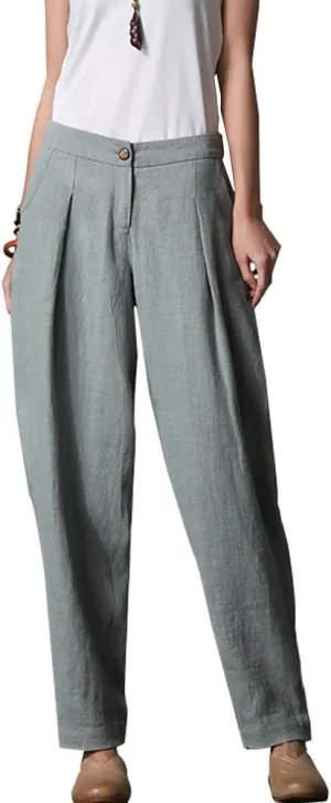 Minibee Women's Casual Linen Pants Elastic Waist Tapered Pants Trousers with Pockets