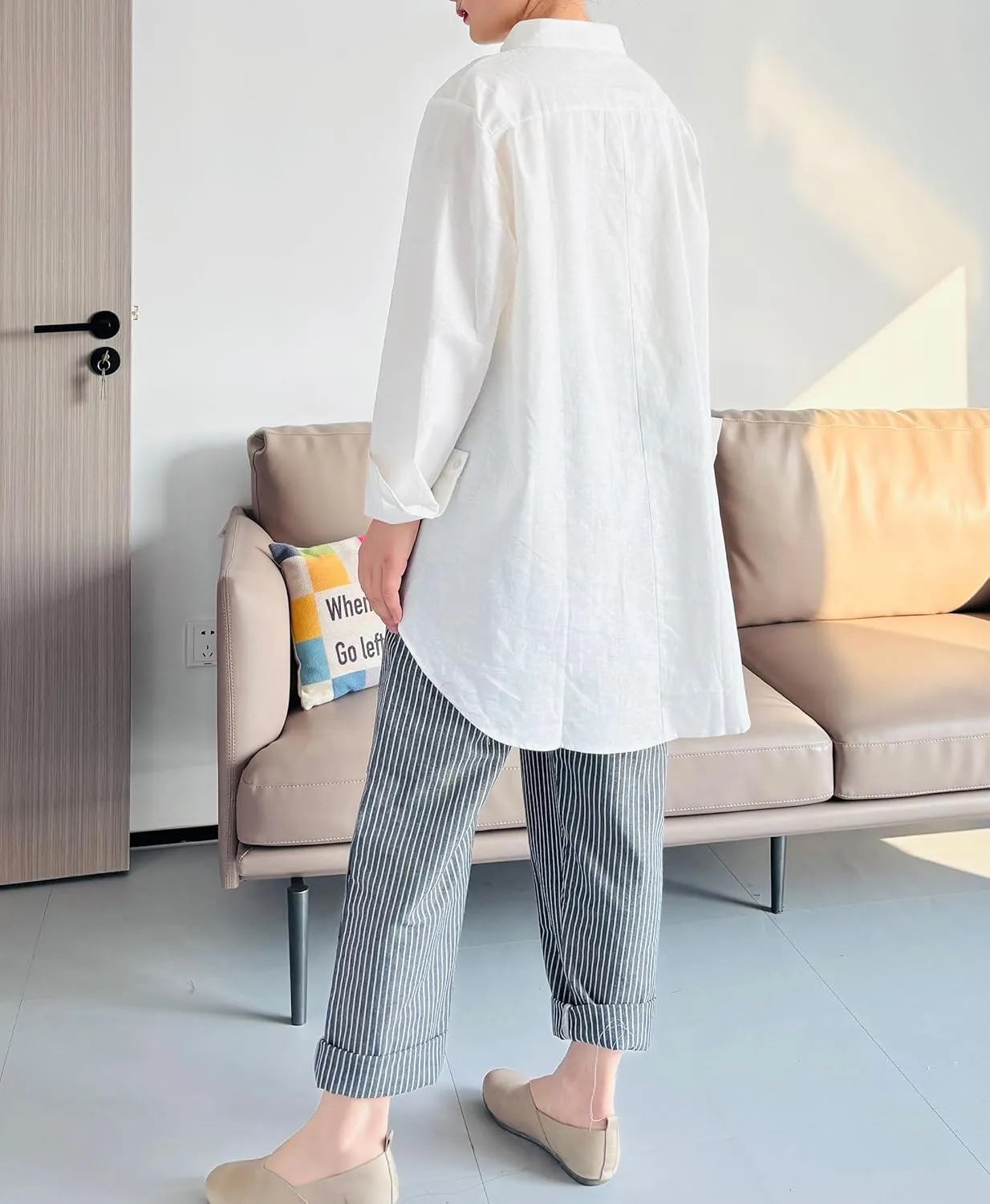 Minibee Women's Cotton Linen Shirt High Low Button Down Embroidered Blouse Long Sleeve Tunic Tops