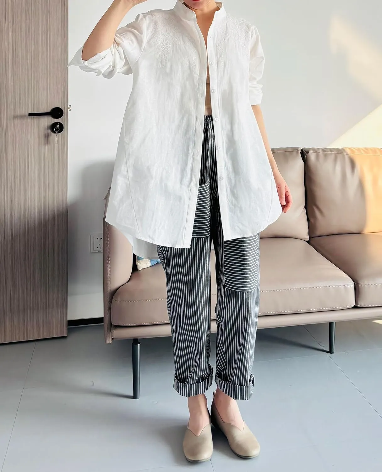 Minibee Women's Cotton Linen Shirt High Low Button Down Embroidered Blouse Long Sleeve Tunic Tops