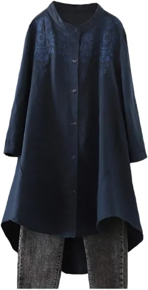 Minibee Women's Cotton Linen Shirt High Low Button Down Embroidered Blouse Long Sleeve Tunic Tops
