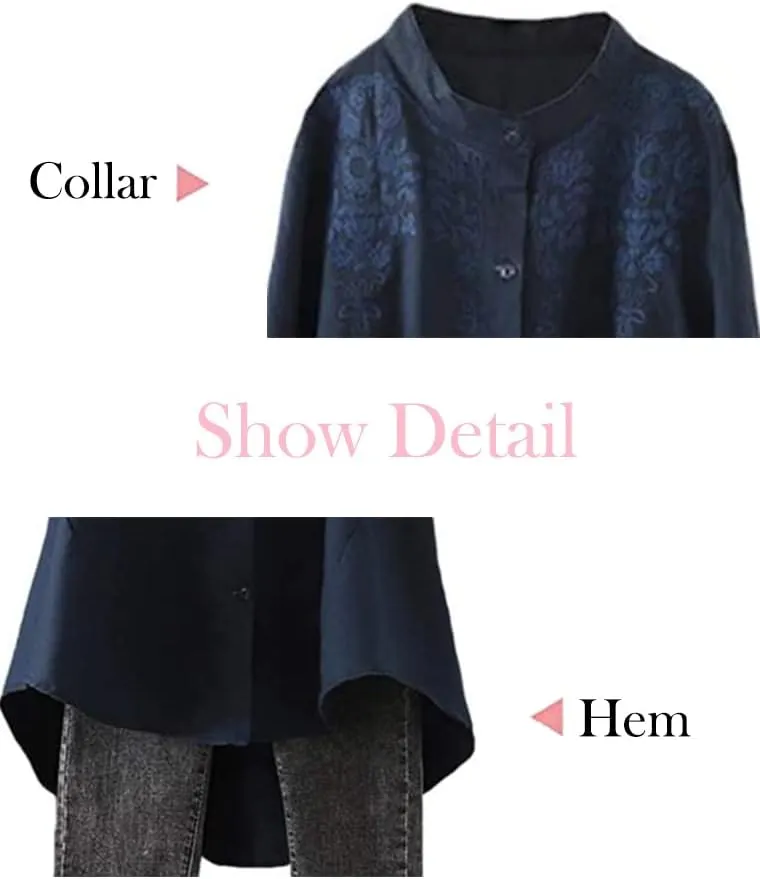Minibee Women's Cotton Linen Shirt High Low Button Down Embroidered Blouse Long Sleeve Tunic Tops