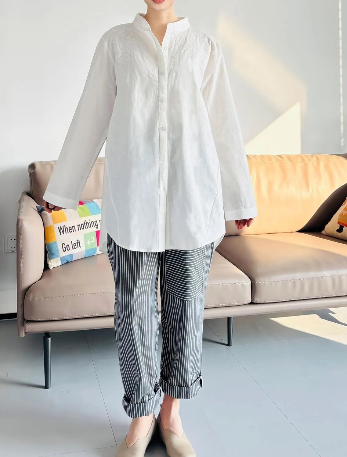 Minibee Women's Cotton Linen Shirt High Low Button Down Embroidered Blouse Long Sleeve Tunic Tops