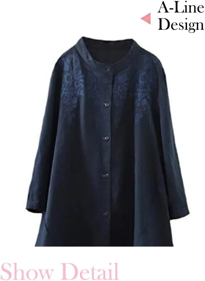 Minibee Women's Cotton Linen Shirt High Low Button Down Embroidered Blouse Long Sleeve Tunic Tops