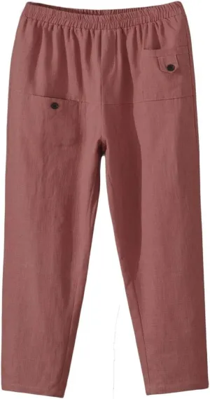 Minibee Women's Elastic Waist Casual Crop Linen Pull On Pants
