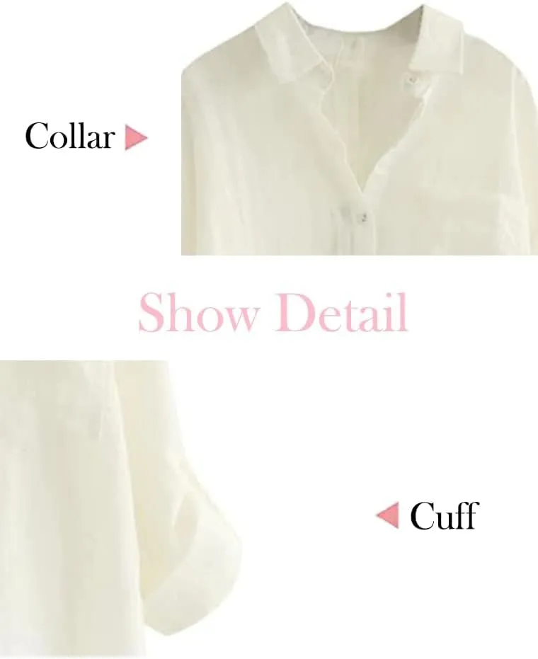 Minibee Women's Linen Blouse High Low Shirt Roll-Up Sleeve Tops
