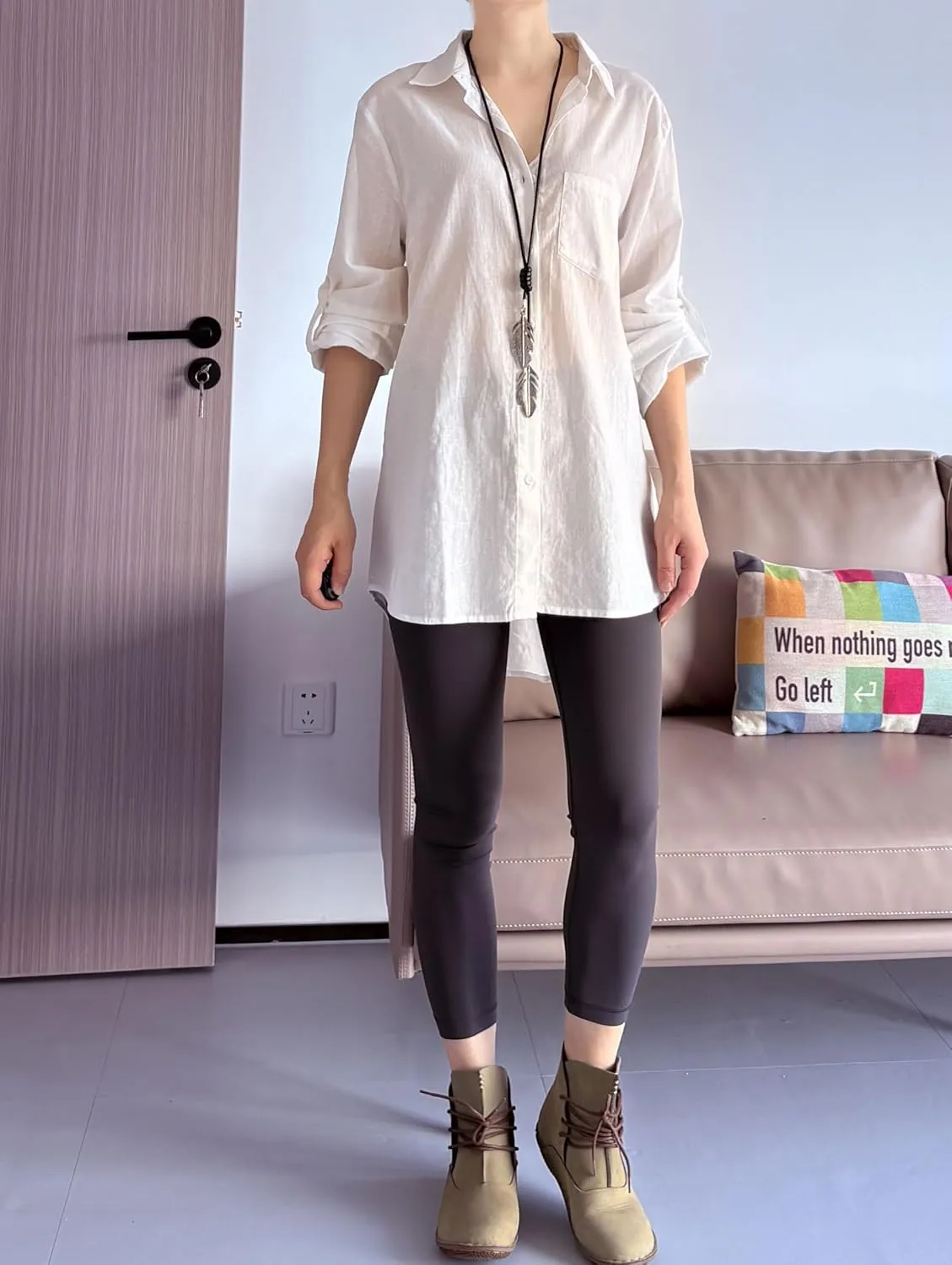 Minibee Women's Linen Blouse High Low Shirt Roll-Up Sleeve Tops