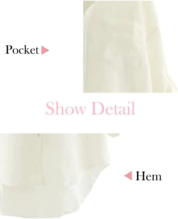 Minibee Women's Linen Blouse High Low Shirt Roll-Up Sleeve Tops