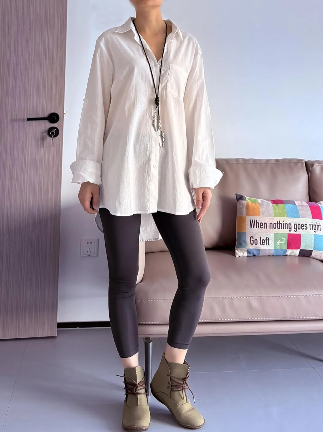 Minibee Women's Linen Blouse High Low Shirt Roll-Up Sleeve Tops