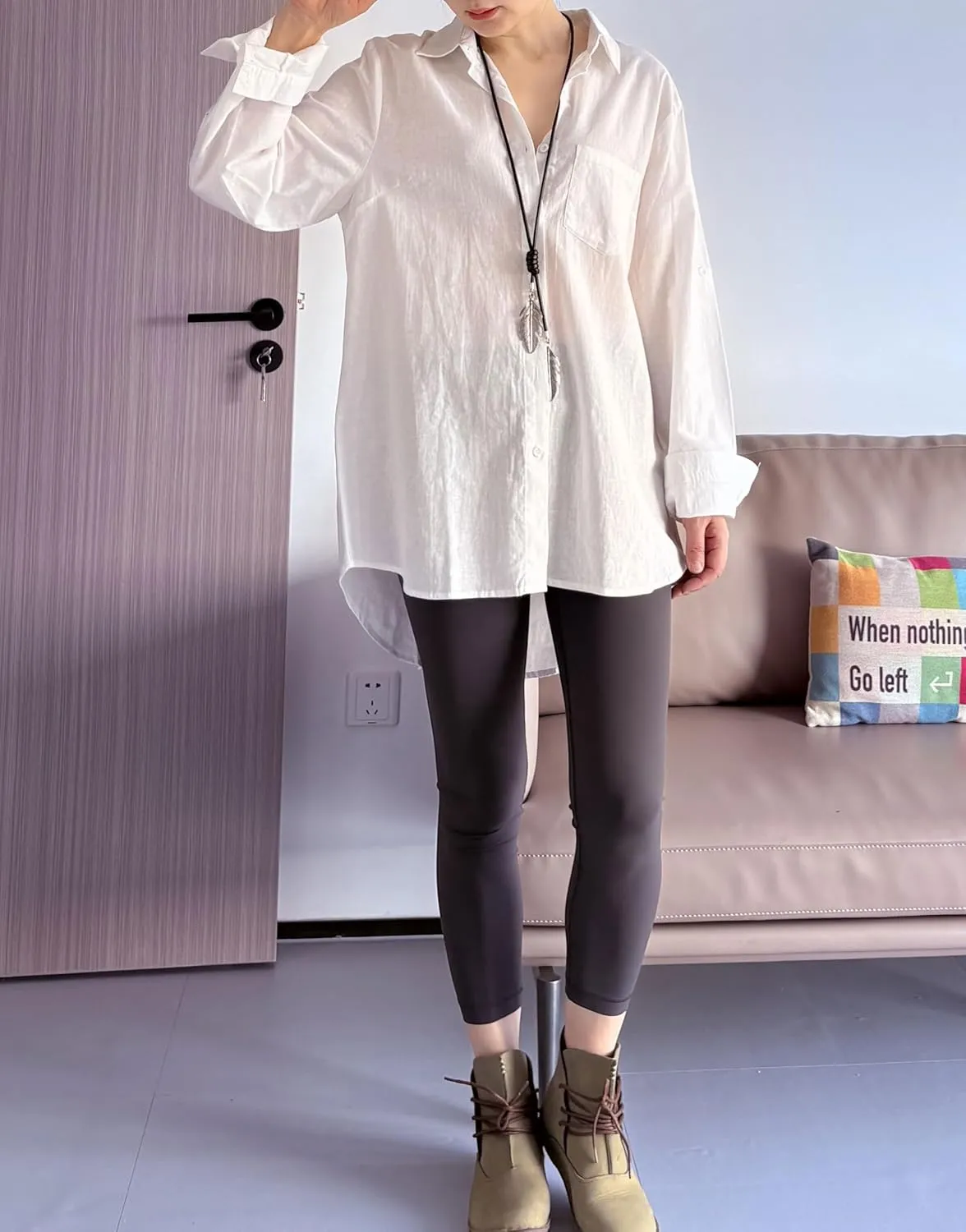 Minibee Women's Linen Blouse High Low Shirt Roll-Up Sleeve Tops