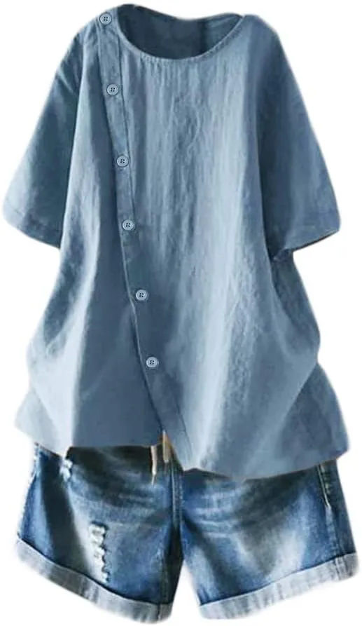 Minibee Women's Linen Blouse Tunic Short Sleeve Shirt Tops With Buttons Decoration