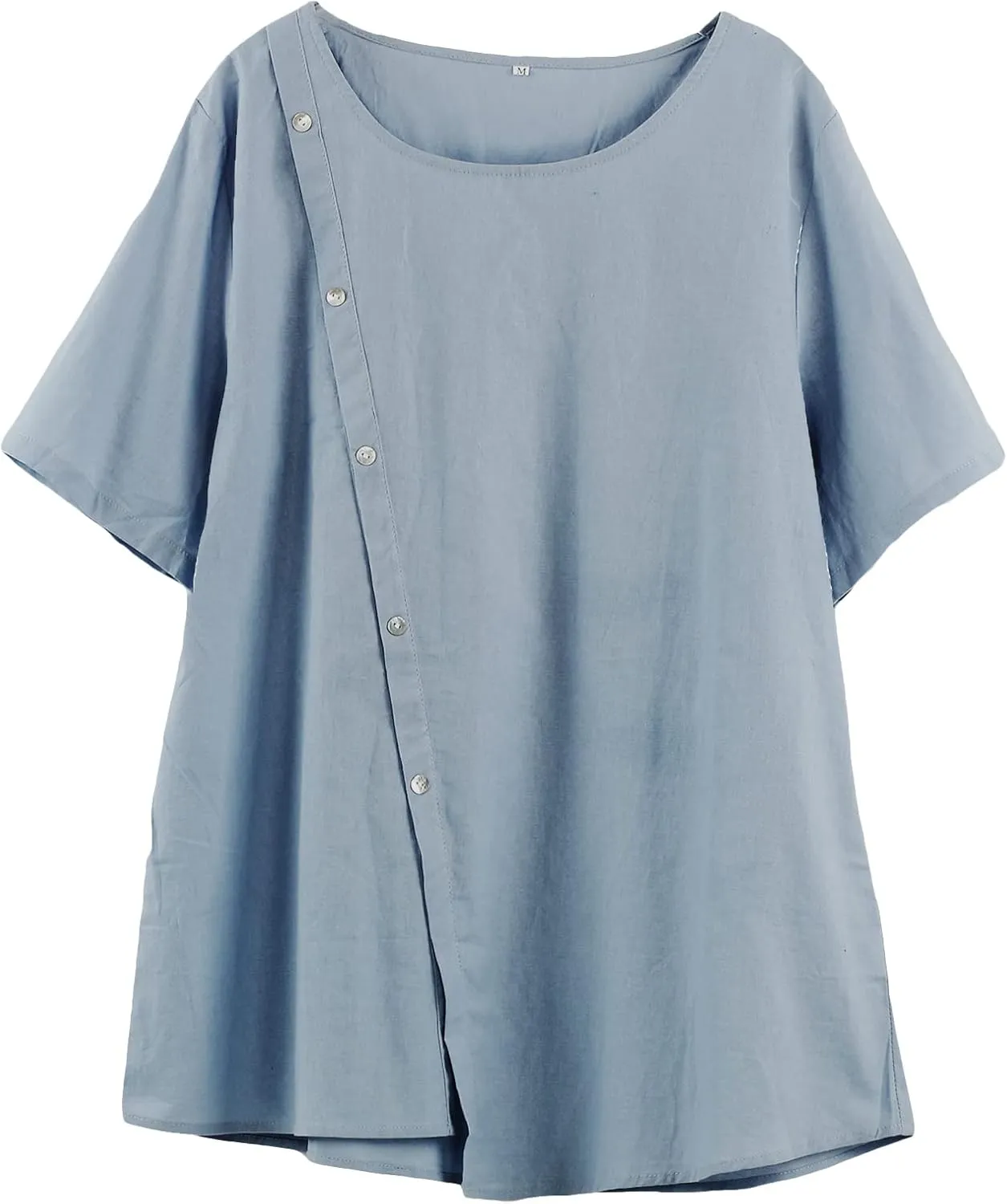 Minibee Women's Linen Blouse Tunic Short Sleeve Shirt Tops With Buttons Decoration