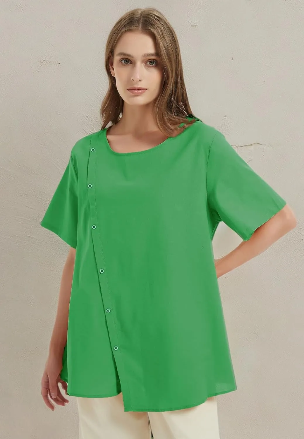 Minibee Women's Linen Blouse Tunic Short Sleeve Shirt Tops With Buttons Decoration