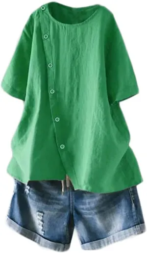 Minibee Women's Linen Blouse Tunic Short Sleeve Shirt Tops With Buttons Decoration
