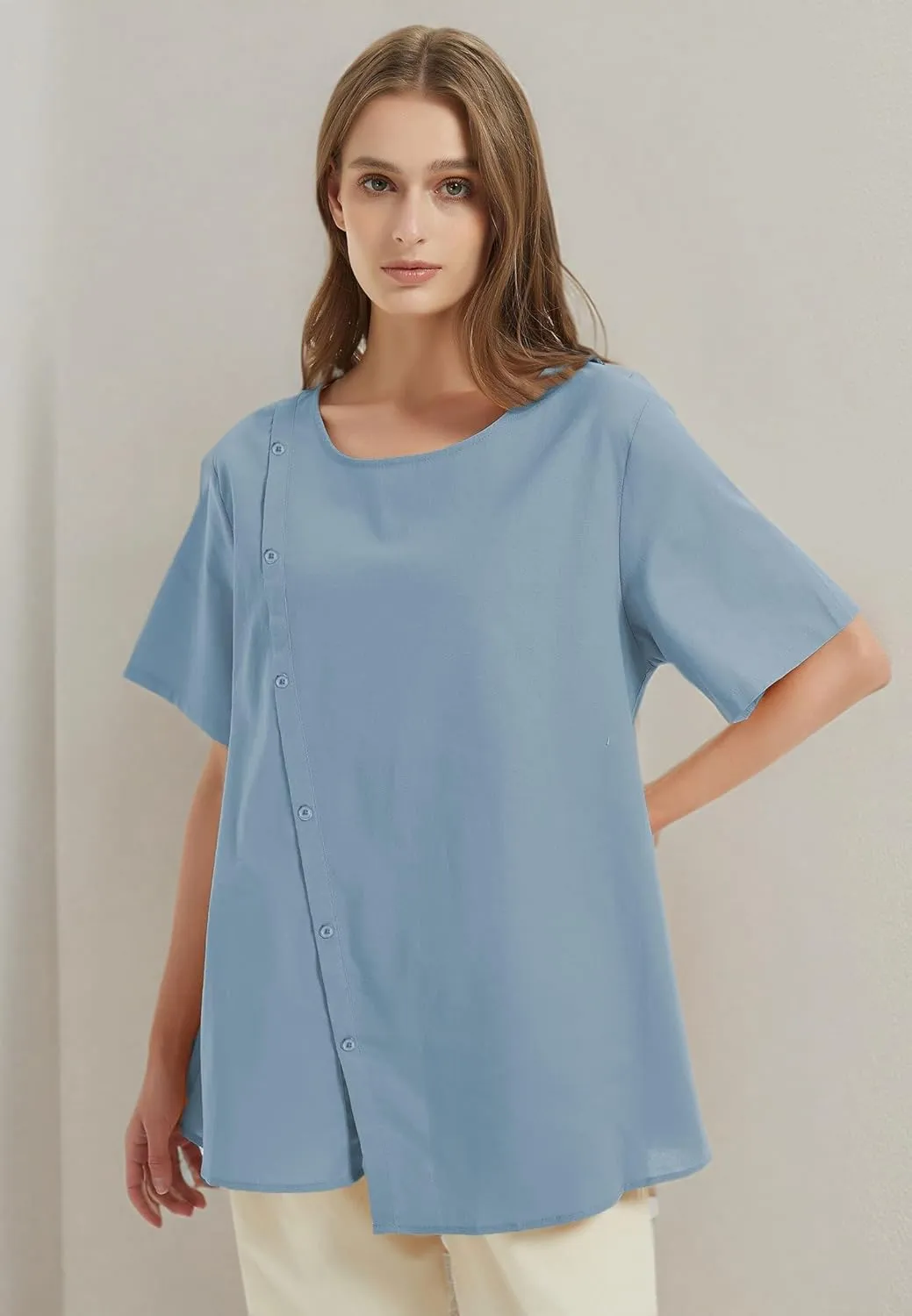 Minibee Women's Linen Blouse Tunic Short Sleeve Shirt Tops With Buttons Decoration