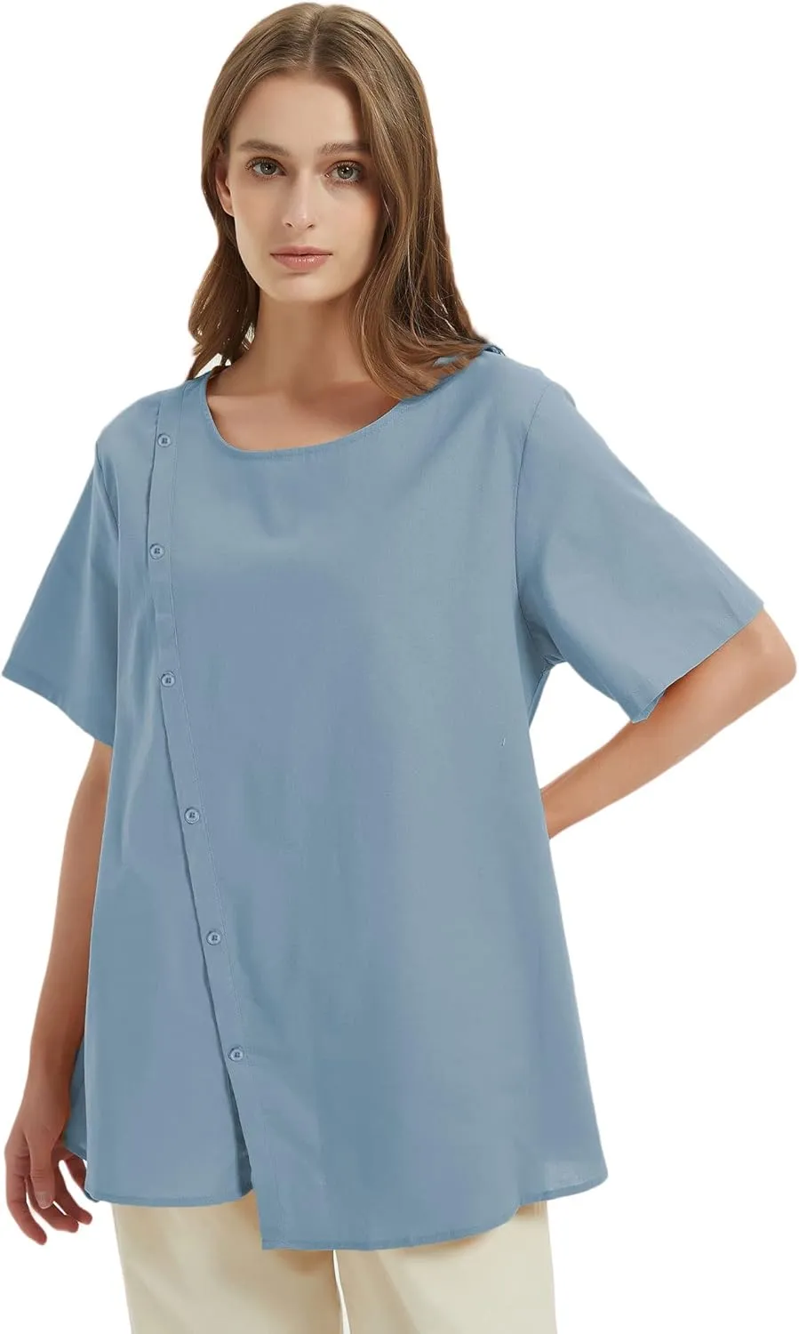 Minibee Women's Linen Blouse Tunic Short Sleeve Shirt Tops With Buttons Decoration