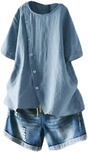 Minibee Women's Linen Blouse Tunic Short Sleeve Shirt Tops With Buttons Decoration