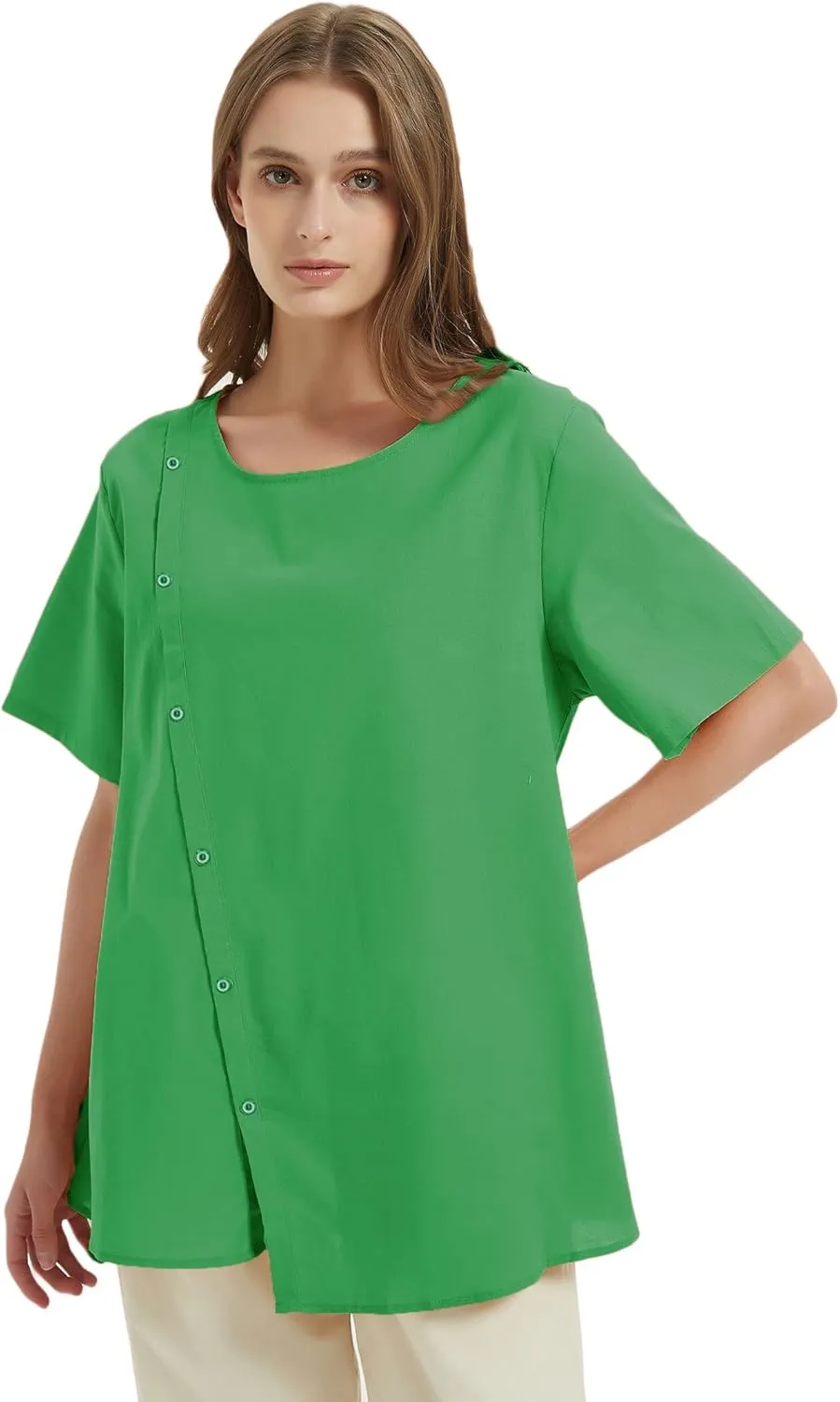Minibee Women's Linen Blouse Tunic Short Sleeve Shirt Tops With Buttons Decoration