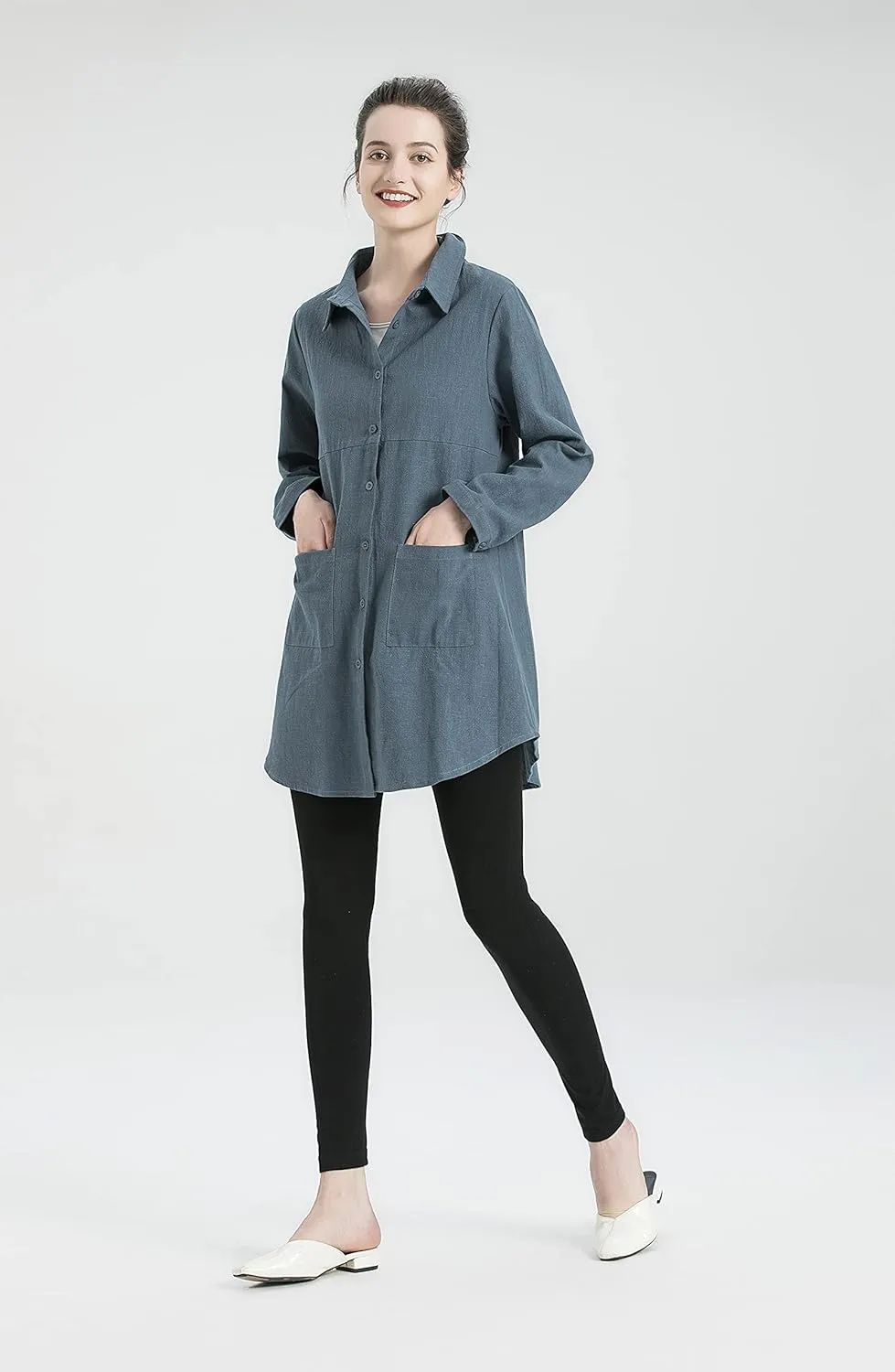 Minibee Women's Linen Shirts Button Down Long Tunic Tops Plus Size Blouse With Pockets