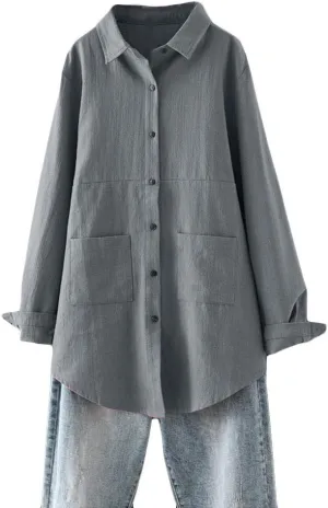 Minibee Women's Linen Shirts Button Down Long Tunic Tops Plus Size Blouse With Pockets