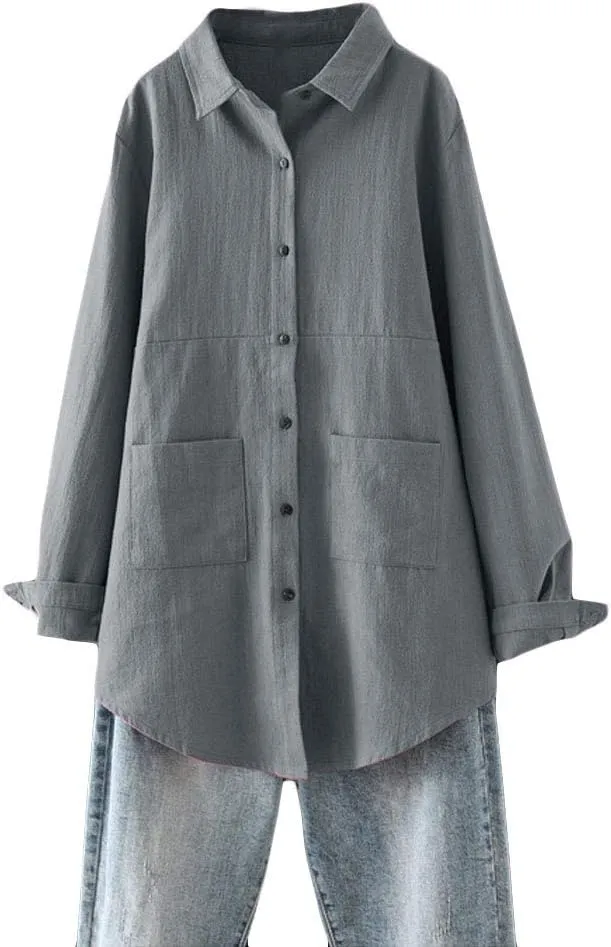 Minibee Women's Linen Shirts Button Down Long Tunic Tops Plus Size Blouse With Pockets