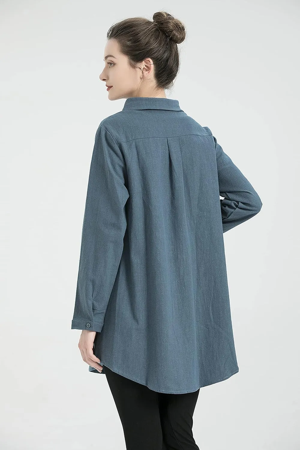 Minibee Women's Linen Shirts Button Down Long Tunic Tops Plus Size Blouse With Pockets