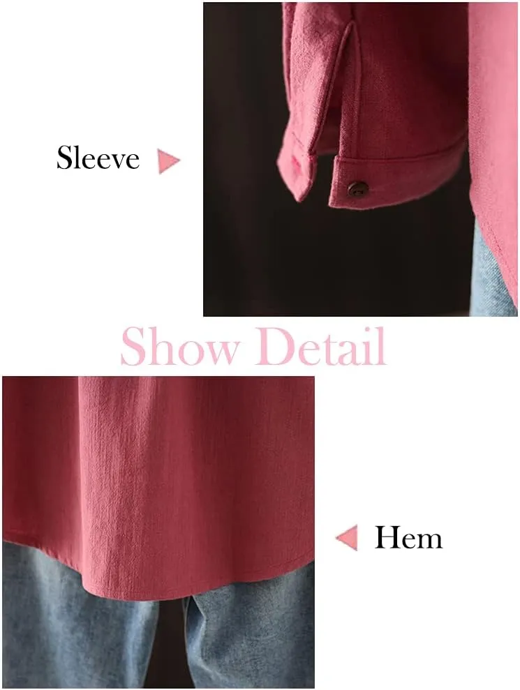 Minibee Women's Linen Shirts Button Down Long Tunic Tops Plus Size Blouse With Pockets