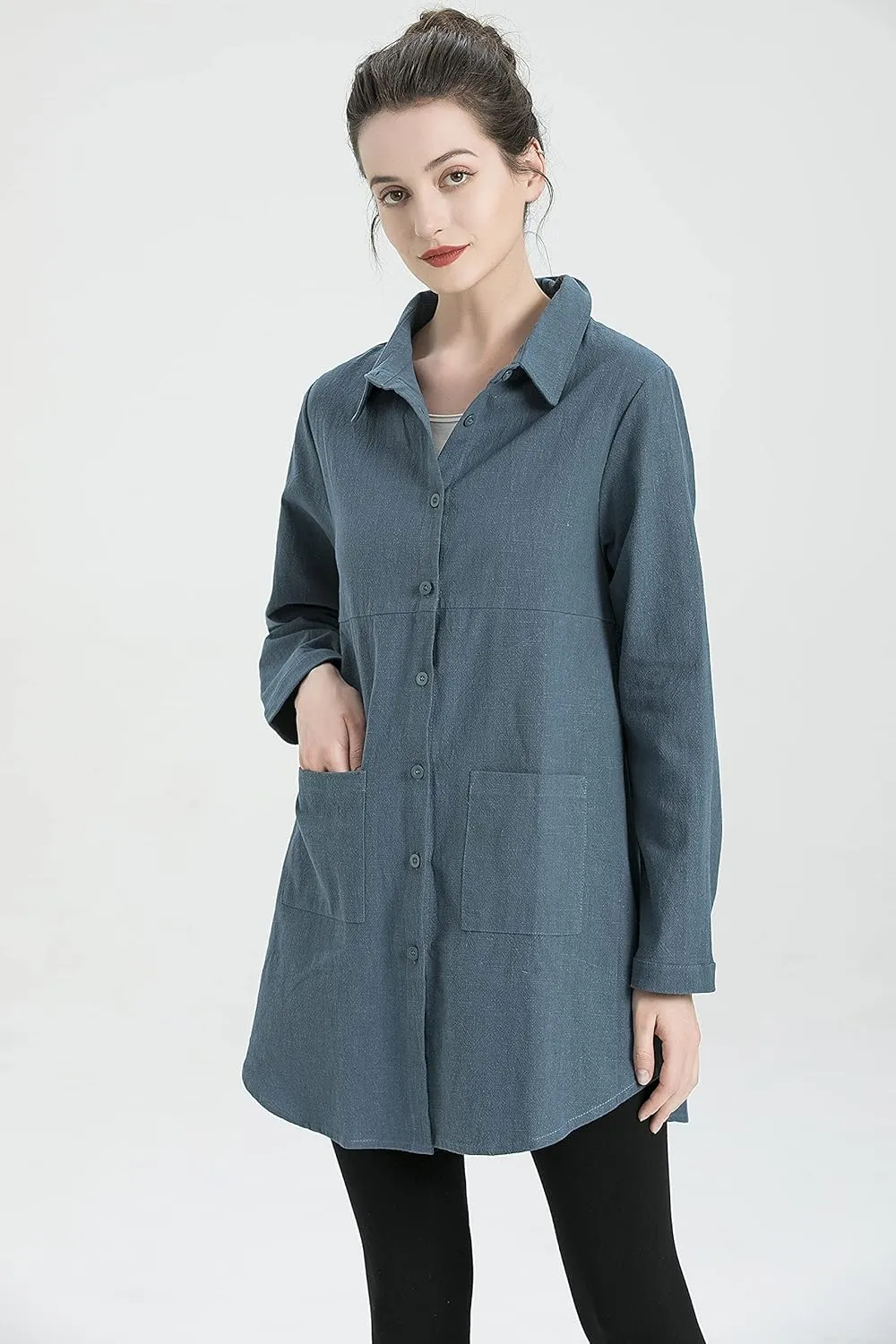 Minibee Women's Linen Shirts Button Down Long Tunic Tops Plus Size Blouse With Pockets