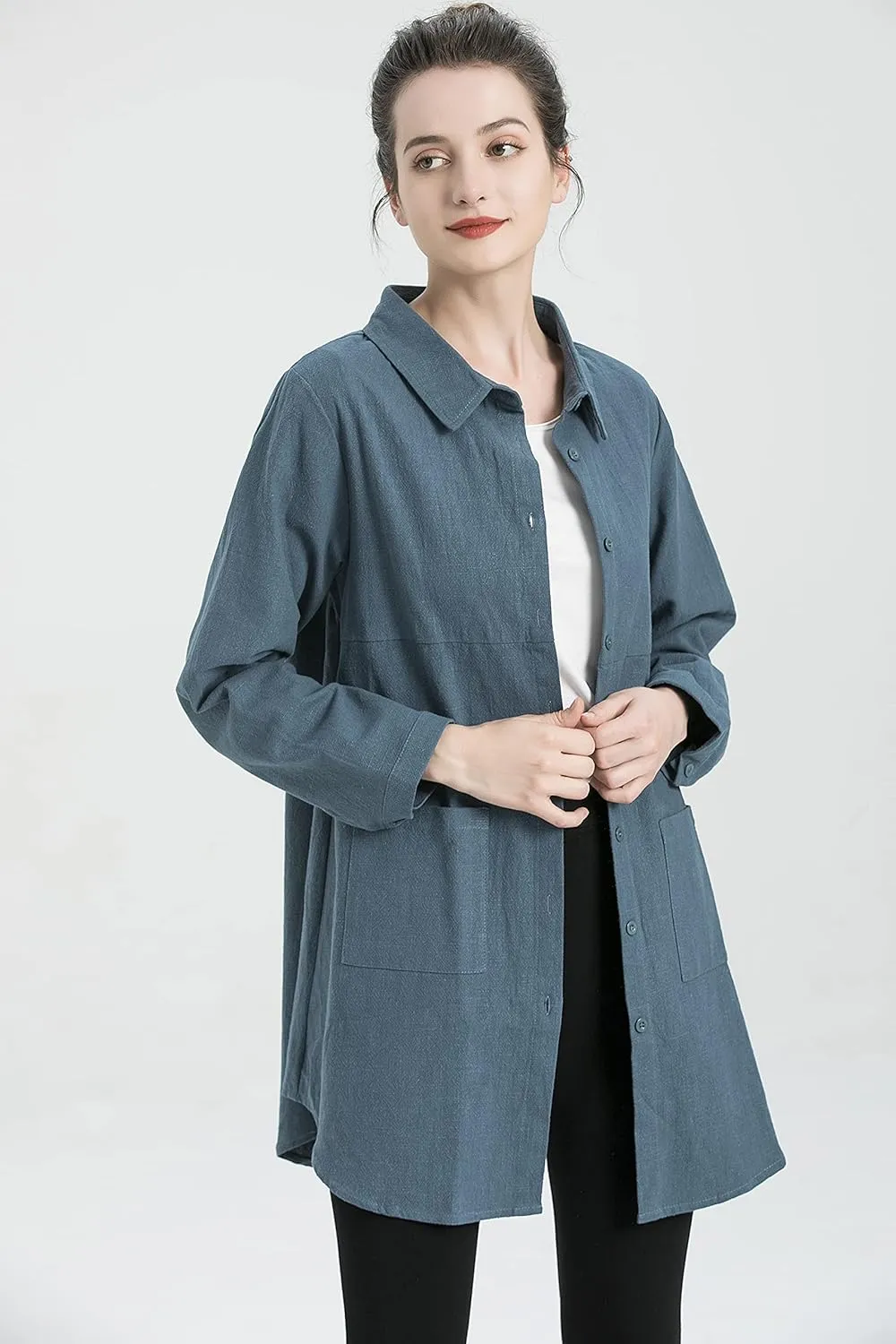 Minibee Women's Linen Shirts Button Down Long Tunic Tops Plus Size Blouse With Pockets
