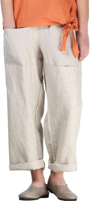 Minibee Women's Wide Leg Harem Pants Cotton Linen Striped Casual Palazzo Pants with Pockets