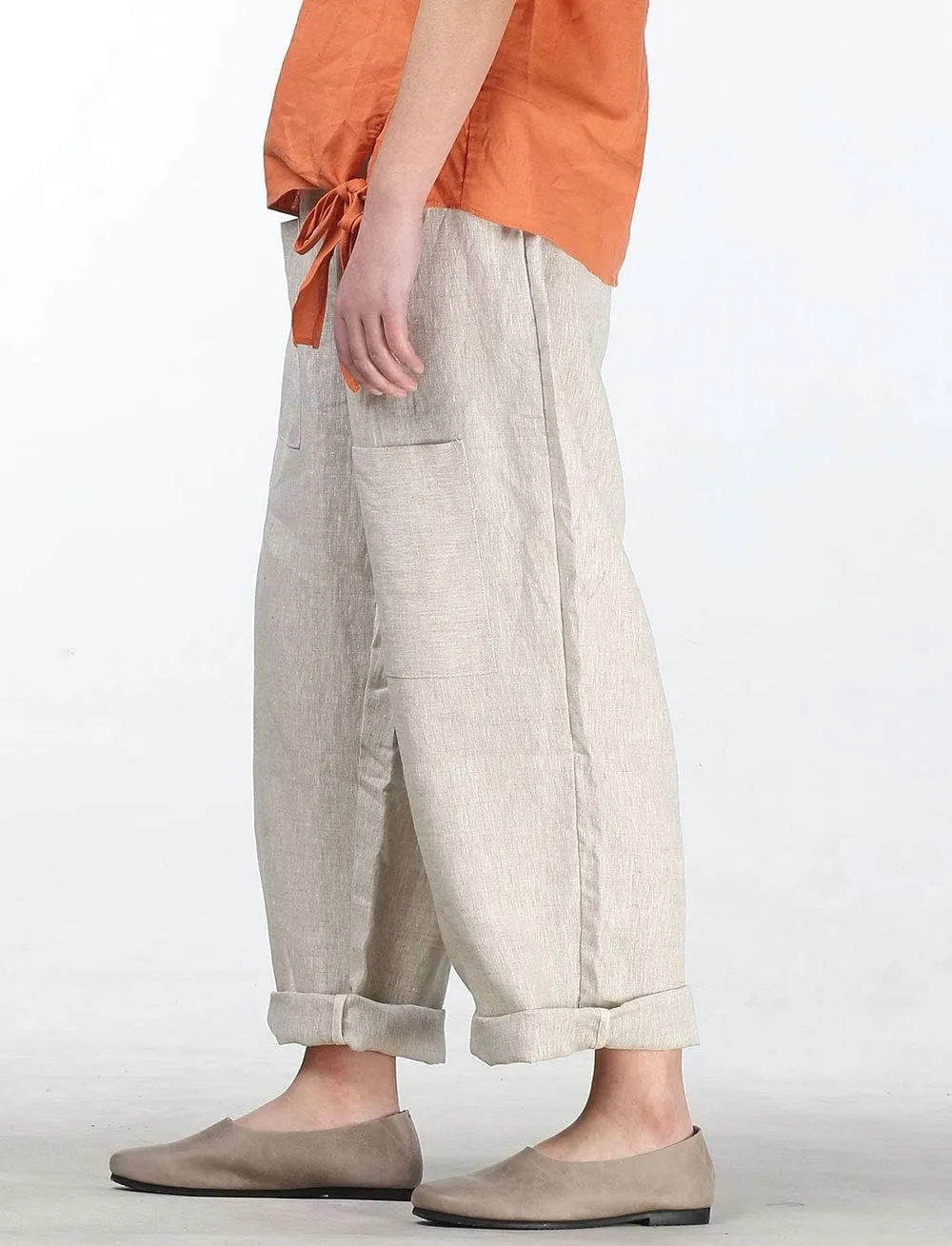 Minibee Women's Wide Leg Harem Pants Cotton Linen Striped Casual Palazzo Pants with Pockets