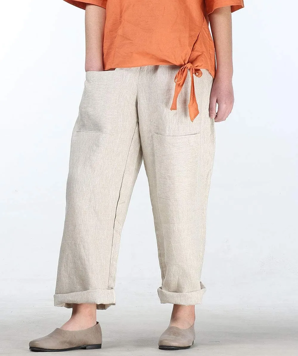 Minibee Women's Wide Leg Harem Pants Cotton Linen Striped Casual Palazzo Pants with Pockets