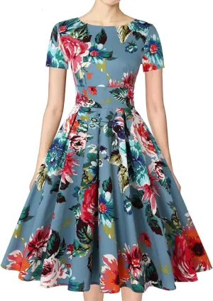 MINTLIMIT Women's 1950s Retro Vintage Rockabilly Short Sleeve Cocktail Party Swing Dress