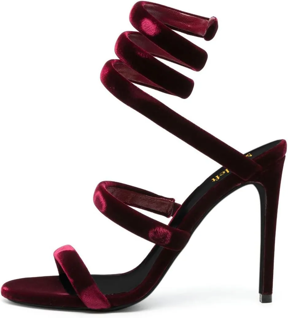 miss left Women Sexy Ankle Strappy Sandals Soft Velvet Open Round Toe Pumps Stiletto High Heel Pull On Shoes for Wedding Event Dress Size 4-16 US
