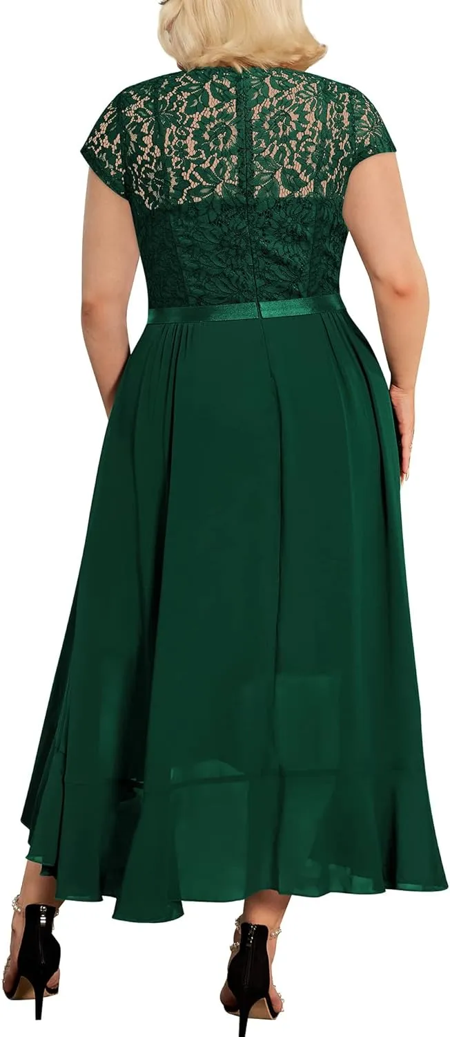 Miusol Women's Plus Size V Neck Elegant Floral Lace Ruffle Bridesmaid Maxi Dress