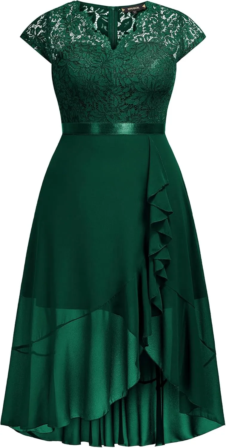 Miusol Women's Plus Size V Neck Elegant Floral Lace Ruffle Bridesmaid Maxi Dress