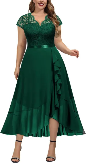 Miusol Women's Plus Size V Neck Elegant Floral Lace Ruffle Bridesmaid Maxi Dress